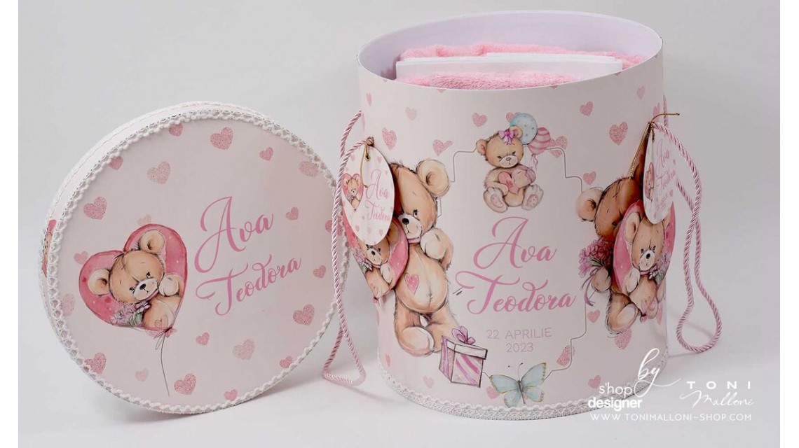 Trusou de botez cu ursuleti roz si inimioare Teddy Bear Pink Hearts 6